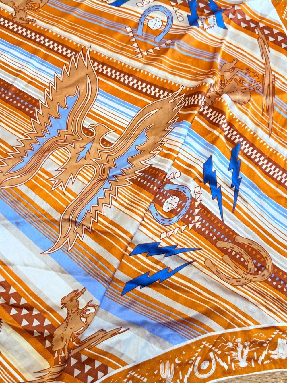 100% Silk Southwest Wild Rag Cowboy Hand Stitched Scarf Lightning Bolt Horse